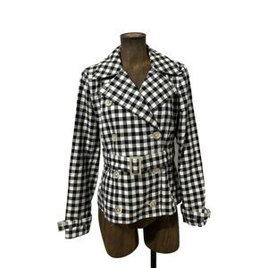 Ralph Lauren Plaid Short Trench Jacket Size Small Black White Check Belted